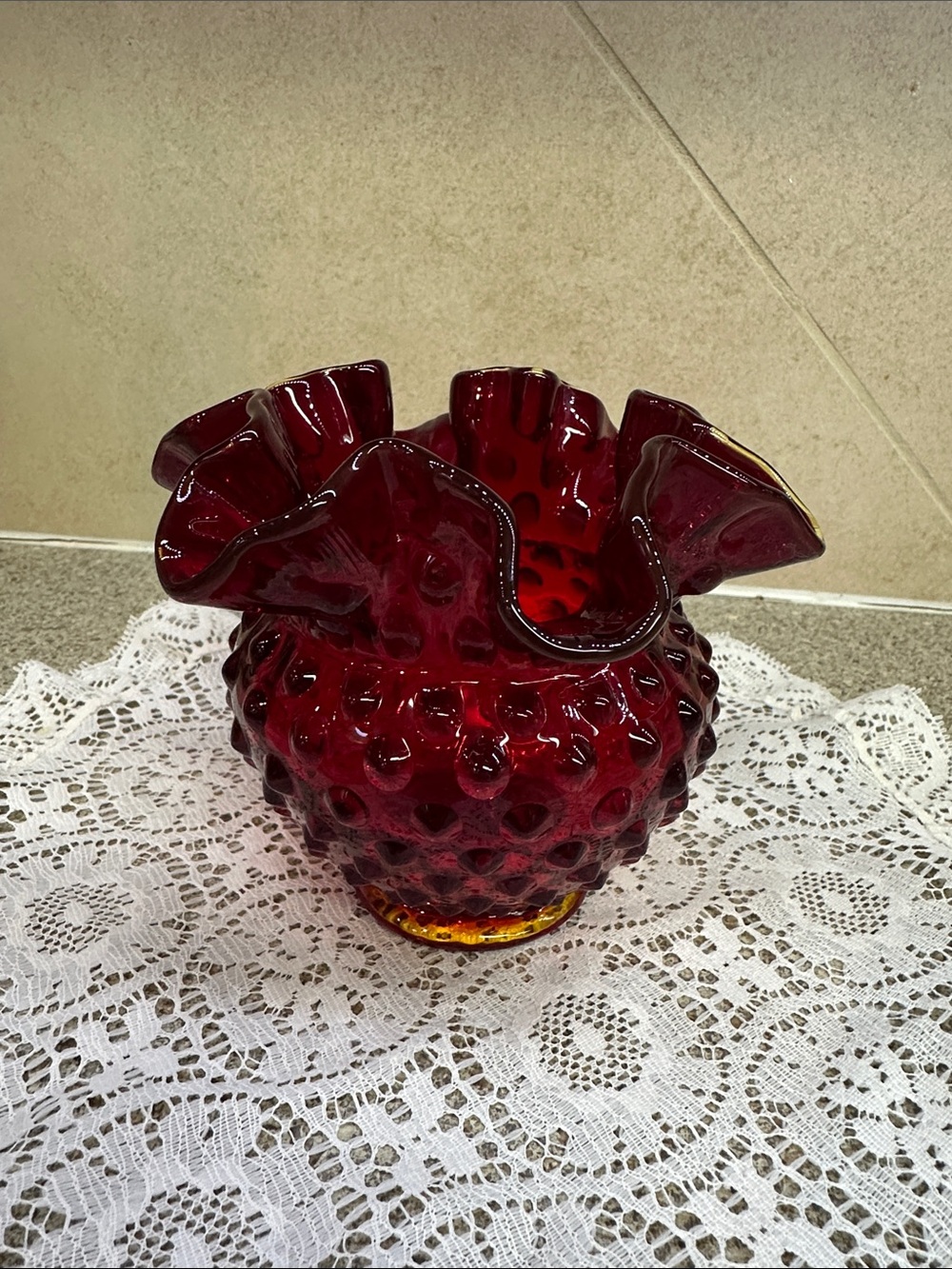 Vintage 1970s Fenton Amberina Ruby Red Hobnail Rose Bowl Double Crimped 4"